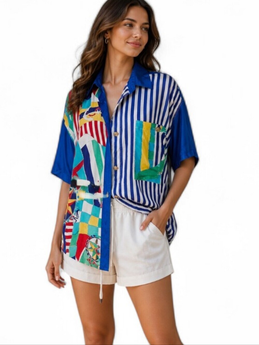 Vintage Color FX 100% Silk Nautical Print Button Front Blouse – Size M